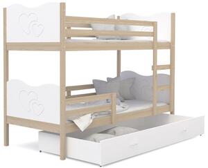 Dětská patrová postel se šuplíkem MAX R - 200x90 cm - bílá/borovice - srdíčka