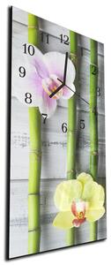 Nástěnné hodiny orchidej růžový a žlutý, bambus 30x60cm - plexi