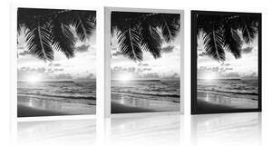 Plakát východ slunce na karibské pláži v černobílém provedení