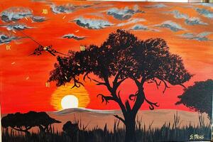 Ručně malovaný obraz od Sylwia Opalińska (Meus) - "Západ slunce v Africe - obrázek s hodinami", rozměr: 60 x 40 cm
