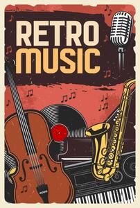 Ilustrace Retro music poster, instruments and vinyl, seamartini, (26.7 x 40 cm)