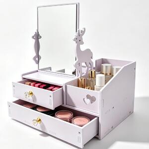 Organizér na make-up – Kosmetický stolek – Organizér se zrcadlem a zásuvkou – Čtvercové zrcadlo s otočnou funkcí 360° – Bílá barva – Úložný prostor na šperky