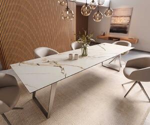 DELIFE Jídelní stůl Edge 300x100 keramika Calacatta Luxe bílá-zlatá-šedá nerezová ocel šikmý