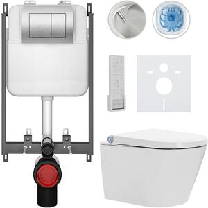 Závěsné WC s bidetem Basic/Cronus Premium - bílá lesklá - WC tlačítko Maxio/Stříbrná - pro zazdění - 59,3x38,4 cm