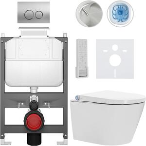 Závěsné WC s bidetem Basic/Cronus Premium - bílá lesklá - WC tlačítko Dualo/Stříbrná - ovládání shora - předstěnová instalace - 59,3x38,4 cm