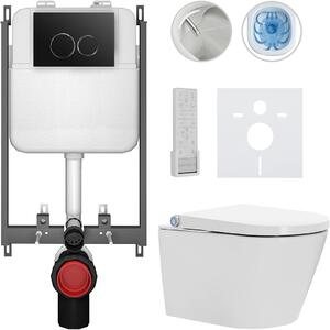 Závěsné WC s bidetem Basic/Cronus Premium - bílá lesklá - WC tlačítko Dualo/Černá - pro zazdění - 59,3x38,4 cm