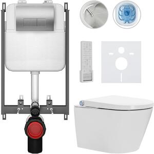 Závěsné WC s bidetem Basic/Cronus Premium - bílá lesklá - WC tlačítko Modulo/Stříbrná - pro zazdění - 59,3x38,4 cm