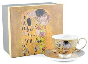 HOME ELEMENTS Porcelánový hrnek s podšálkem 250 ml, Klimt,Polibek zlatý
