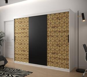 Šatní skříň s grafikou PERIANA - šířka 250 cm, bílá / dub artisan / černá