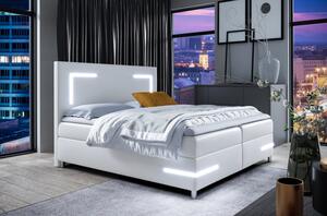 Čalouněná postel s osvětlením KAZIMA - 180x200, bílá + topper ZDARMA