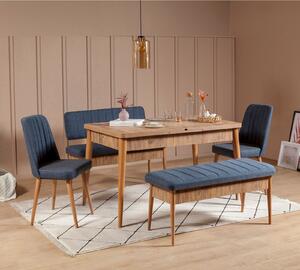Rozkládací jídelní stůl se 2 židlemi a 2 lavicemi Vlasta (borovice antlantic + tmavě modrá). 1072180