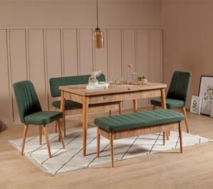 Rozkládací jídelní stůl se 2 židlemi a 2 lavicemi Vlasta (borovice antlantic + zelená). 1072184