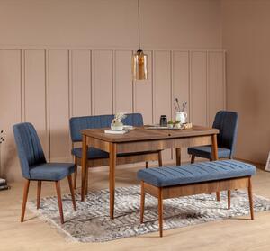 Rozkládací jídelní stůl se 2 židlemi a 2 lavicemi Vlasta (ořech + tmavě modrá). 1072191