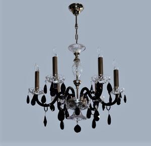 6-ti ramenný křišťálový lustr s dlouhými svícemi ve francouzském stylu - černé a čiré křišťálové sklo