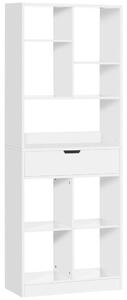 HOMCOM Knihovna s Šuplíkem a 9 Úložnými Prostředky - Knihovna do Obývacího Pokoje, Kanceláře nebo Studovny 60x26x158 cm Bílá | Aosom