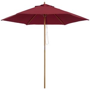 Zahradní slunečník Outsunny Ø250x230 cm s 6 bambusovými žebry, odnímatelný sloup, UV ochrana, voděodolný a dřevěný rám na pláž a terasu v burgundské č