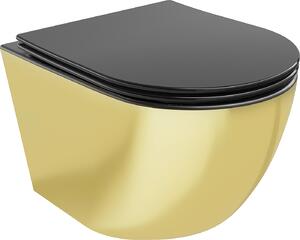 MEXEN - Lena WC mísa Rimless prkénko se zpomalovacím mechanismem Slim, duroplast, černá mat/zlatá - 30224076