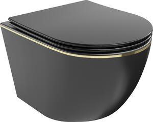 MEXEN - Lena WC mísa Rimless prkénko se zpomalovacím mechanismem Slim, duroplast, černá mat/zlatá linie - 30224075