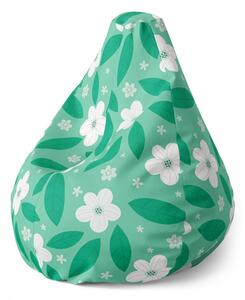 Sedací vak Pear bílé květy s lístky - dětský, zelená