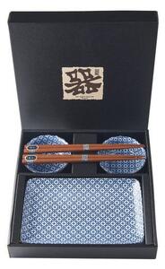 Set 2 misek a 2 talířů s hůlkami Made in Japan Blue Geometric 6 ks, keramika, handmade