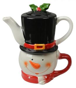Vánoční keramický tea for one (šálek na čaj s konvičkou) sněhulák – 525 ml