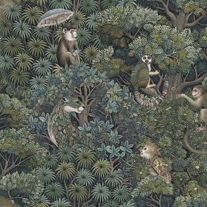 Vliesová tapeta na zeď, hnědo-zelená, listy, opičky, 142311, Jaipur, Graham Brown Premium