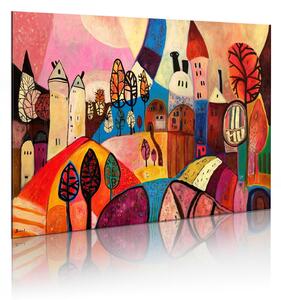 Ručně malovaný obraz - Vesnice v podzimních barvách 90x60