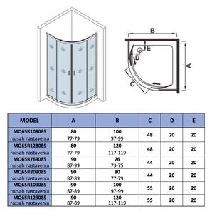 D‘Eluxe Sprchový kout asymetrický čtvrtkruhový OFFSET MQ65R 90x80x185cm, posuvné dveře, čiré sklo, 6mm