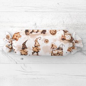 Biante Polštář válec bonbon Sandra SA-663 Hnědí skřítci s perníčky na bílém 15x40 cm