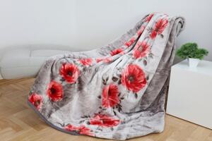 Šedá teplá deka s potiskem červených květů Šířka: 160 cm | Délka: 210 cm