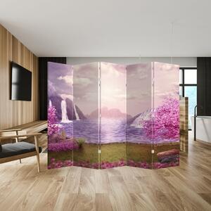 Paraván - Růžové stromy s jezerem (210x170 cm)