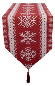 Vánoční běhoun na stůl červeno-bílý s vločkou a střapcem – 33x180 cm