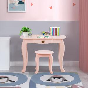 2v1 dětský toaletní stolek s taburetkou a trojitým zrcadlem, růžová
