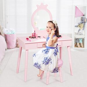 Dětský toaletní stolek s taburetkou, odnímatelným zrcadlem v růžové barvě