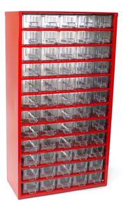 Kovová závěsná skříňka se zásuvkami, 60 zásuvek, červená