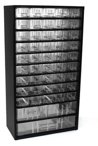 Kovová závěsná skříňka se zásuvkami, 48 zásuvek, černá
