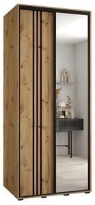 Šatní skříň s posuvnými dveřmi a zrcadlem DAVOS 7, 100cm | DUB Artisan / černé pojezdy