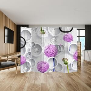 Paraván - 3D abstrakce s kruhy a květinami (210x170 cm)