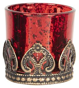 Červený skleněný svícen na čajovou svíčku s kovovým zdobením -Ø 5*5 cm – 5x5 cm