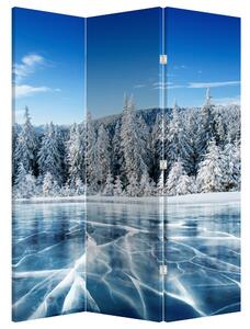 Paraván - Zamrzlé jezero a zasněžené stromy (126x170 cm)