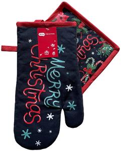 Vánoční kuchyňský set vánoční rukavice/chňapka CHRISTMASSY modrá 18x30 cm/20X20 cm 100% bavlna