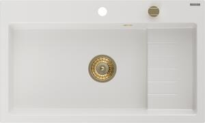 Mexen Omar granitový dřez 1-komorový 800 x 480 mm, bílý, sifon zlatý - 6520801005-20-G