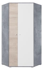 Rohová šatní skříň SIGMA, 90x190x90, beton/bílá/dub