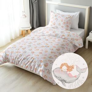 Biante Dětské bavlněné ložní povlečení Sandra SA-527 Růžové mořské panny s delfíny a velrybami na bílém Prodloužené 140x220 a 70x90 cm
