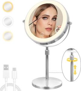 Cuteefun 8palcové kosmetické zrcátko, zvětšení 1x/10x na stojanu, nastavitelná výška a jas, otáčení o 360°, oboustranně dobíjecí