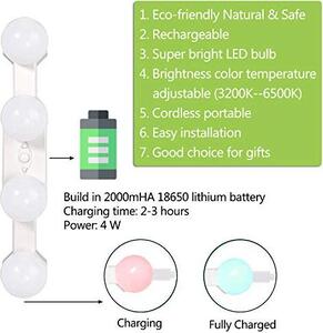 LED kosmetické zrcadlové světlo, 4 lampy na make-up, stmívatelná lampa na make-up, přenosná, bezdrátová dobíjecí lampa na make-up, hollywoodské osvětlení koupelny