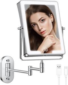 Nabíjecí kosmetické zrcátko Famihomii -LED osvětlení, make-up 1/10x zvětšující baterie, stmívatelné holení 360° montáž na stěnu