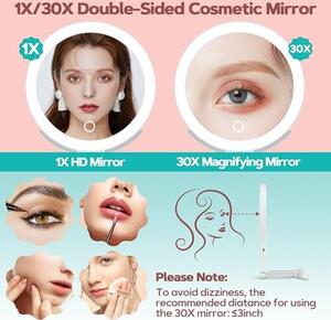 B Beauty Planet světelné zvětšovací zrcátko, oboustranné zrcátko 30x/1x, cestovní make-up, 3 barevná světla, skládací pinzeta, ruční/stolní provedení