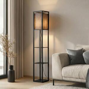Lindby stojací lampa Birta, černá, police, dřevo, 159 cm, Černá, Obývací pokoj / jídelna, Dřevo, Moderní