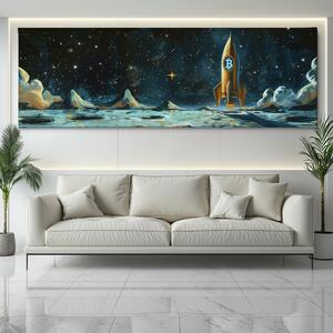 Obraz na plátně - Bitcoin rocket on the Moon FeelHappy.cz Velikost obrazu: 150 x 50 cm